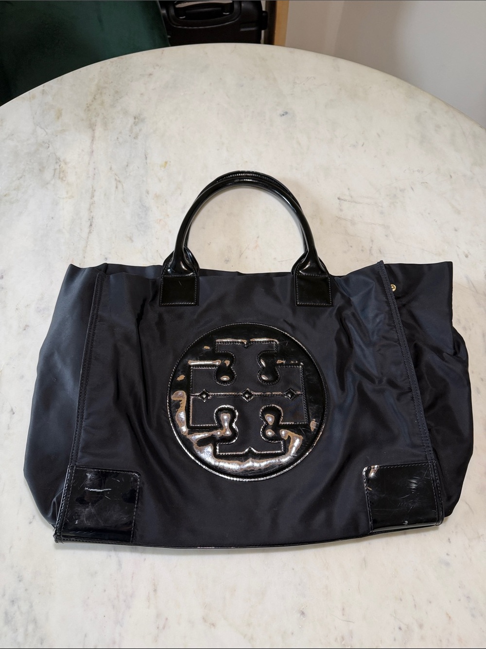 Tory Burch Black Nylon Tote with Patent Logo Medallion